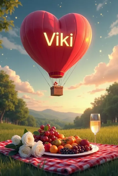 A realistic evening scene with a dreamy sky, where soft white clouds form heart shapes, and tiny golden stars sparkle gently. In the distance, a majestic red heart-shaped hot air balloon floats gracefully. The balloon’s square basket is crafted from brown ...