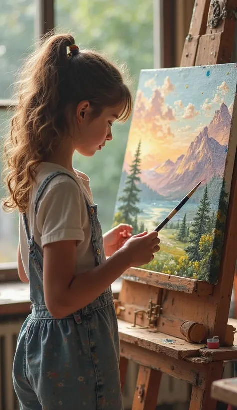 Create an image of a girl painting an oil painting of a landscape with a brush, She's in an art classroom, the image is intended for the design of a flyer so it is important to leave spaces to add the texts in the composition 