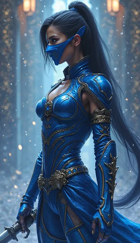 woman in blue suit with sword and blue mask, Young G concept art ,  cgsociety , fantasy art, Kitana from Mortal Kombat,  Blue accent costume , dragon inspired blue armor, blue armor, stunning armor, female lord of change , no shah out of a smiley , Beautif...