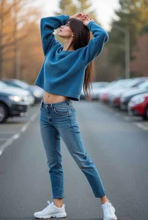 Full body side view image sexy forty year old brunette with fringe wearing tight blue jeans white training shoes  and a cosy comfy baggy cropped blue  jumper stretching She is full of pleasure and flirting sexually hands above head arm stretch up in a car ...