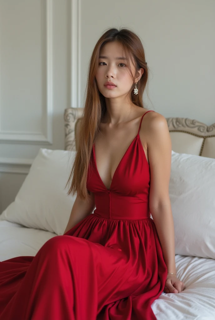 The image portrays a young woman with long and straight hair,  vest,  wearing an elegant red dress . It is positioned against a white wall, which suggests a bedroom environment. The contrast between the vibrant red of the dress and the softness of the whit...