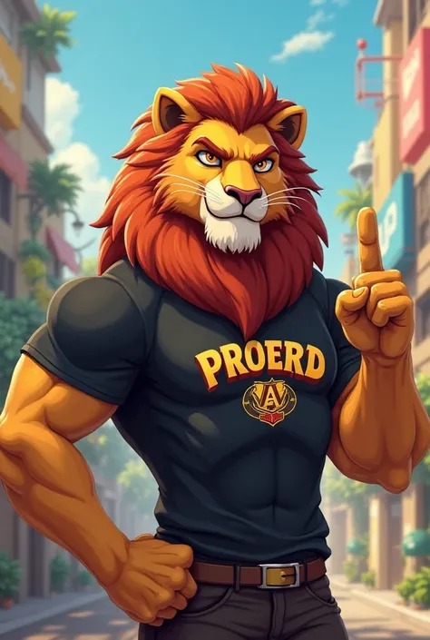 Lion from Proerd wearing a black shirt pointing with his finger backwards making a pog