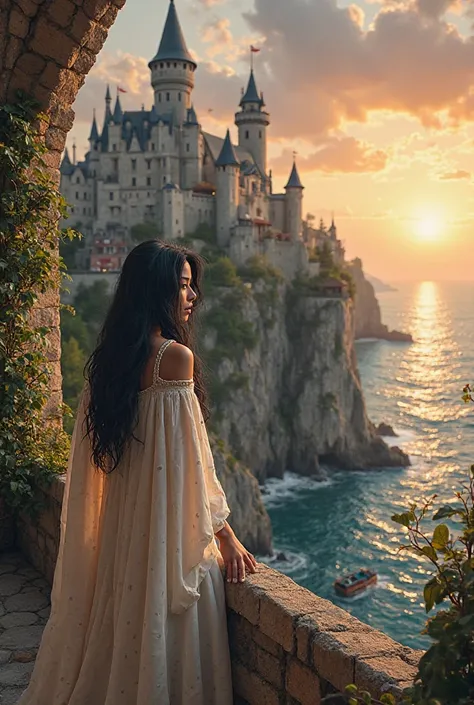 Create a beautiful medieval castle, with a cliff near, with beautiful gardens, soldiers guarding the entrances to the royal gate, a small town around the castle, with merchants near....and on the castle's balcony a beautiful maiden daughter of a king. The ...