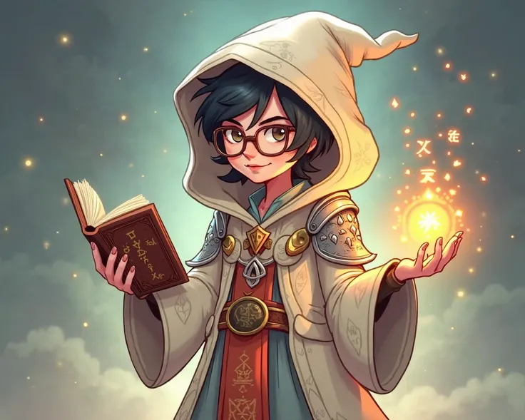 (masterpiece, high quality, cartoon style, cel-shading, clean lines, vibrant colors, highly detailed, fantasy character design, soft shadows, glowing effects)

A mysterious, wise mage wearing a hooded robe with intricate patterns and subtle metallic armor ...