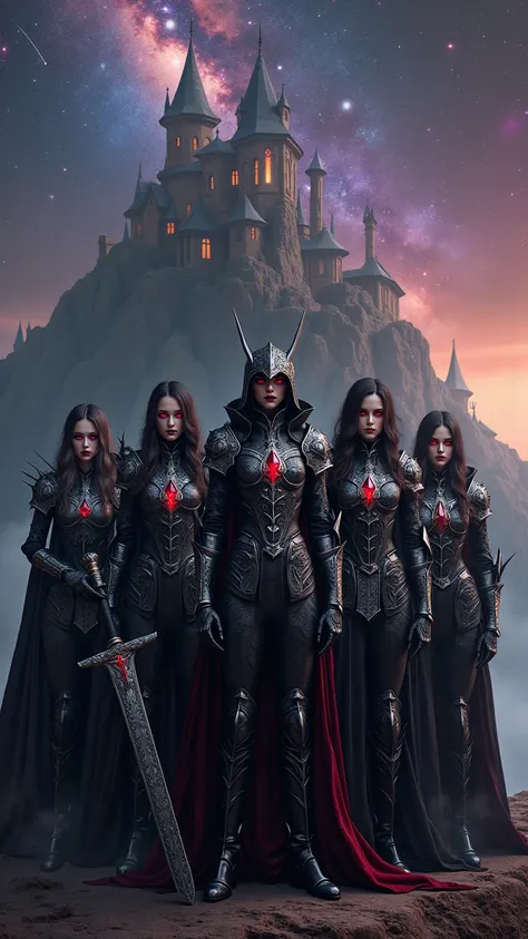 **“Five breathtakingly beautiful vampire knights stand in formation, their imposing black armor adorned with intricate silver engravings and dark crimson gemstones that gleam under the cosmic sky. Each suit of armor is masterfully crafted, sculpted to high...