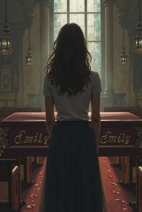 Make the girl a little older and we only see her back and her sisters casket says Emily on it and it is in a church