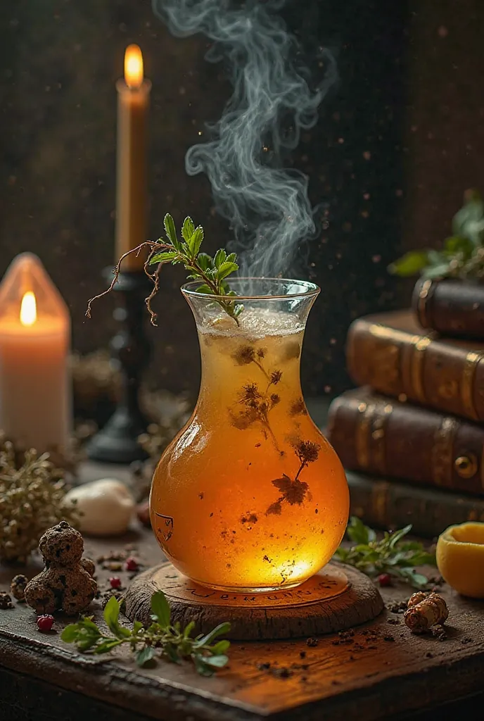 "A mystical glass of 'Potion de Mandragore' served in an elegant, alchemical-style flask with a delicate swirling mist rising from its surface. The iced tea, infused with ginger, lemon, honey, and a touch of black pepper, glows with a golden hue, reflectin...