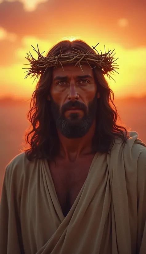 A hyper-realistic depiction of Jesus Christ facing directly forward, making eye contact, wearing a crown of thorns. The scene is set during a beautiful sunrise with warm, calming colors and soft light creating a serene and peaceful atmosphere. Jesus has a ...