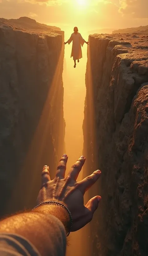 "First-person view from the edge of a cliff, hands gripping the rocky surface as your strength fades. Below lies an abyss of darkness, but before you, Jesus approaches, stepping through radiant golden light, His hand extended to pull you up. His face is bo...