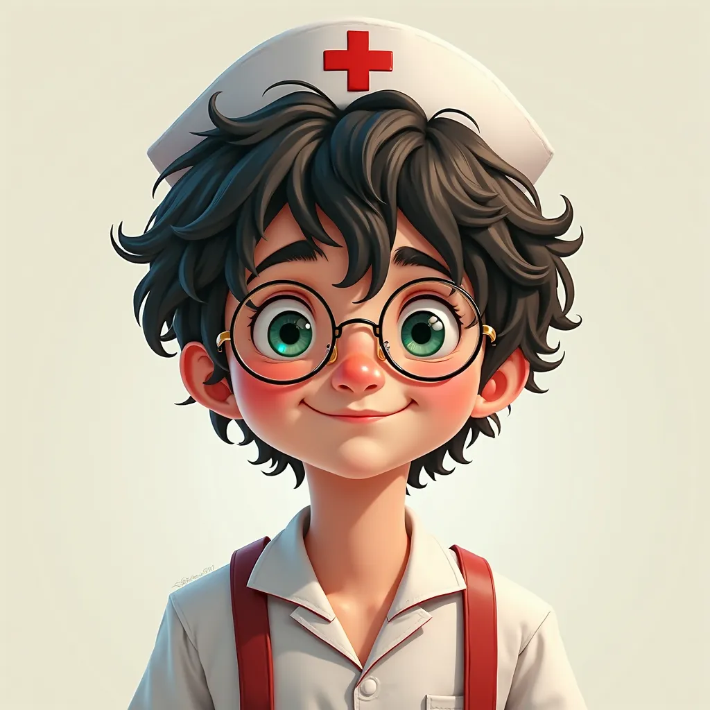 Young Harry Potter wearing round glasses smiles sweetly in a nurse uniform