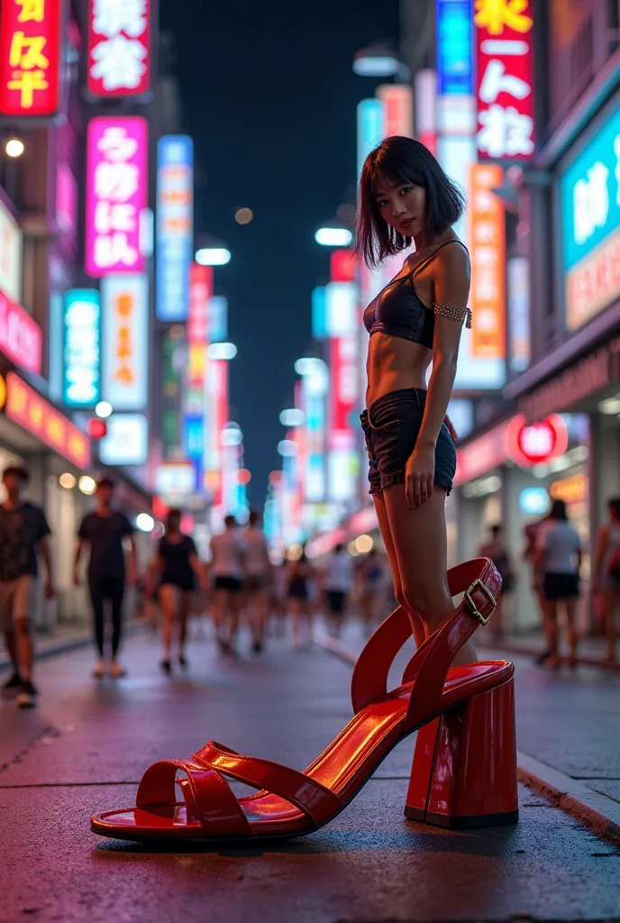 Create an image set in a vibrant, bustling city street at night. Neon lights illuminate the scene, casting colorful reflections on the pavement. The atmosphere is lively and dynamic, with people walking by and the distant hum of city life.

Lying on the si...