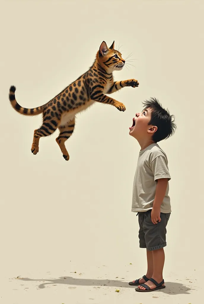 A cat jumping really high and a person who is dumbstruck.