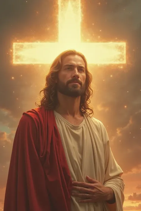 Jesus smiling a giant shiny cross behind him 