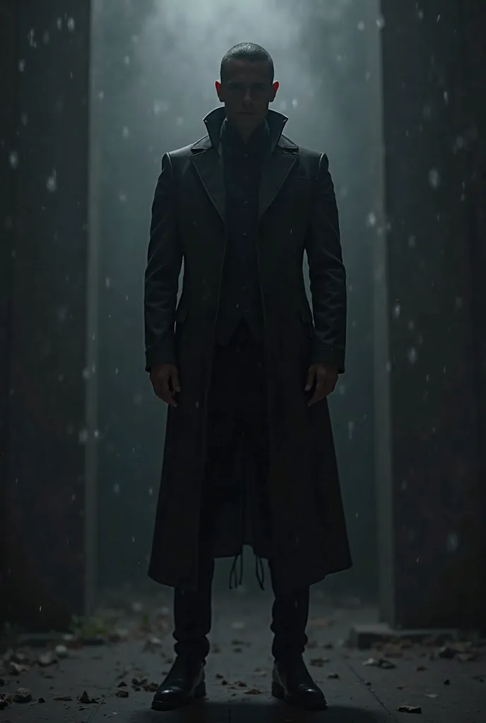 A men that has a black jacket  and black pants in the dark