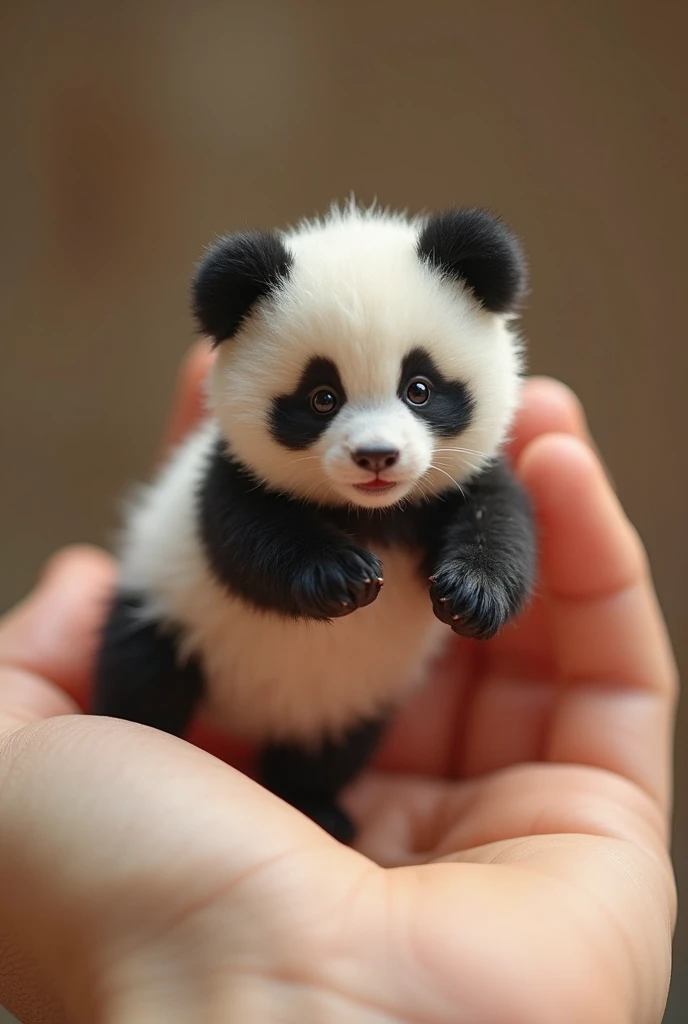 Mini panda playing on human hand on video