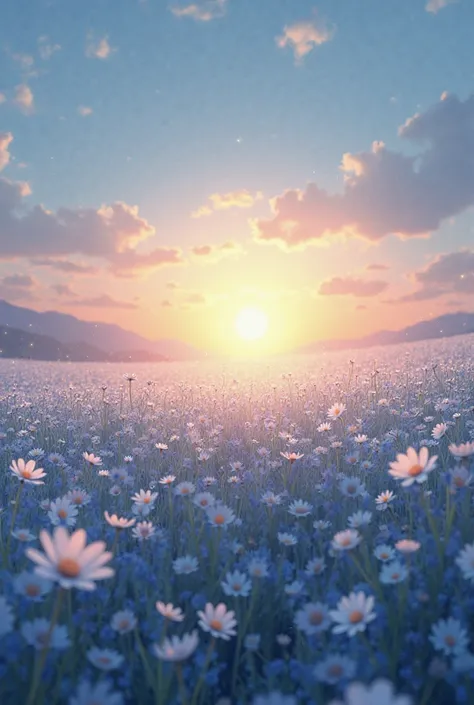  a flowery field or heavenly light in the background .  The color palette should be soft , with shades of blue,  white and gold , transmitting harmony and hope .  at dusk