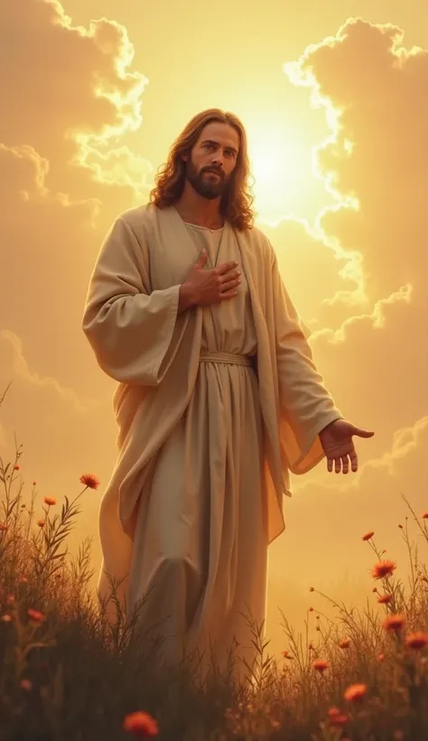 A hyperrealistic and detailed depiction of Jesus Christ standing in a serene, golden-hued landscape, exuding warmth, peace, and encouragement. His face is visible, with gentle and compassionate eyes, a calm and reassuring expression, and soft lighting that...