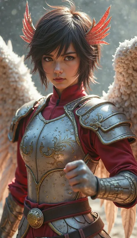 Pegasus Seiya
"A young Japanese warrior with short brown hair and determined eyes. He wears silver metallic armor with red details, inspired by a winged horse, with a helmet that has wings on the sides. Her eyes are fierce and fearless, and her athletic bo...