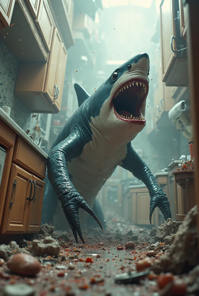 Create me an image of a shark arm and in the background an exploded kitchen and the shark and as if it were