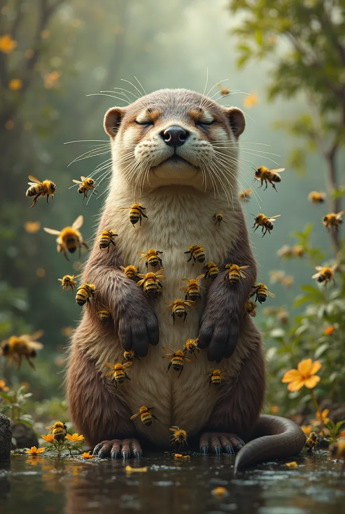 Create a realistic image of an otter with bees inside its body 