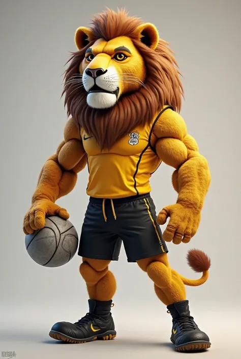 a mascot of a lioness with an athletic body,  muscular and imposing , With black shorts, yellow jersey with black details,A black boot, make the full-body mascot,With a fierce face,a ball under one of your feet, Make it as realistic as possible 