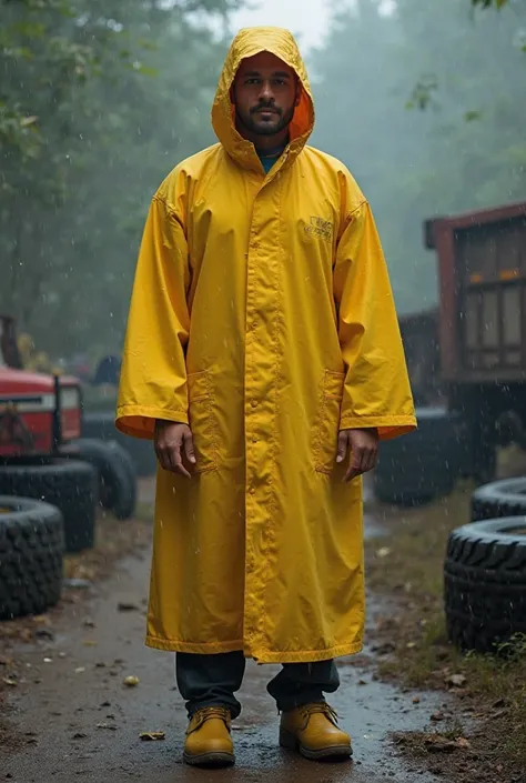 Generate a photo of a person wearing a yellow raincoat,  showing the entire body from the front, with a bar from the bottom of the arm up to the ground, lower part showing only the boot and a small piece of pants, the scenario must be with a background of ...