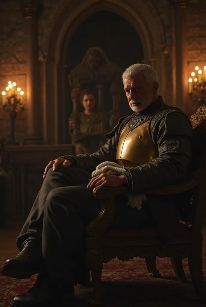 "A first-person perspective of a maester standing before Tywin Lannister in a dimly lit chamber, treating his hand with a clean linen cloth after a minor cut. The Lord of Casterly Rock sits silently, his golden armor resting nearby, his cold gaze fixed on ...