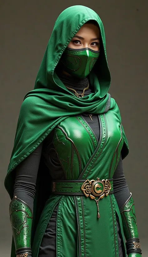 full-length girl in green and black clothes, concept art, inspired by Fan Kuan, Trends on CG Society, what is this?,  mortal kombat character ,  green armor , metallic  green armor , In Mortal Kombat, wearing  green armor  and helmet, mk ninja,  Mortal Kom...