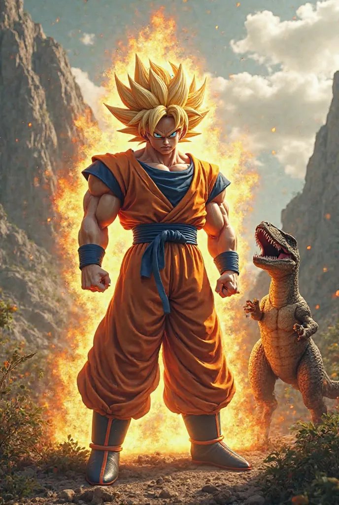 Goku transformed into a super Saiyan phase 4 next to a velociraptor