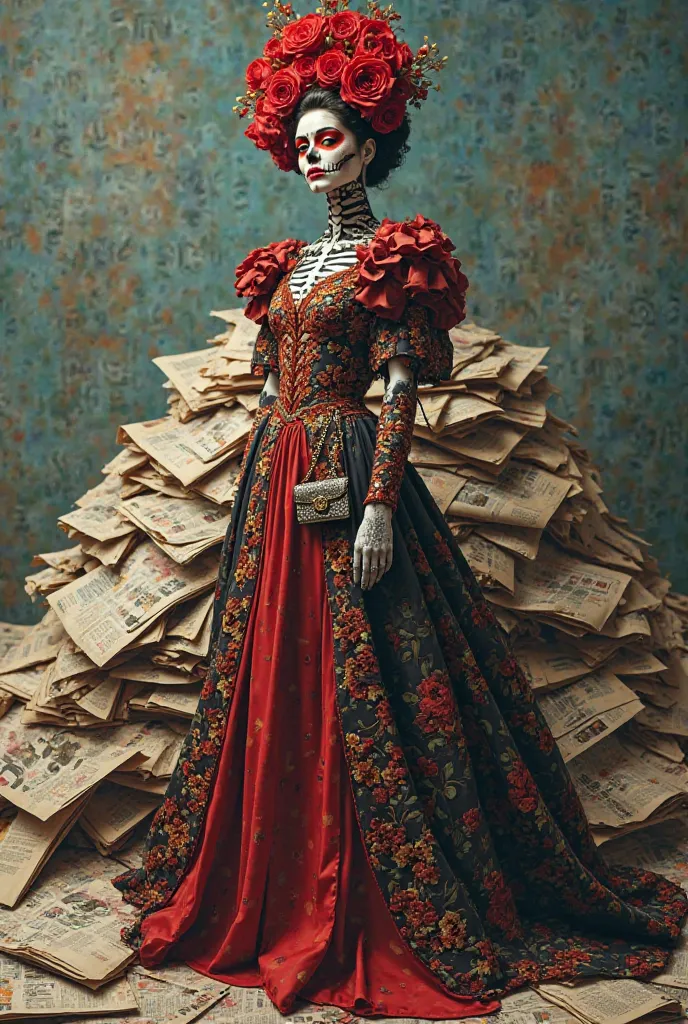 Image of a catrina dressed in Gucci clothes and standing on many newspapers 
