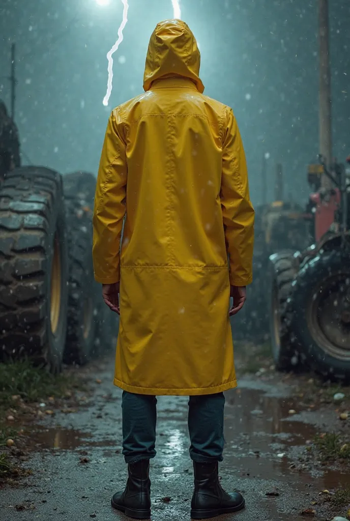 Generate a photo of a person wearing a yellow raincoat,  showing the entire body from the front, with a bar from the bottom of the arm up to the ground, The lower part showing only the black boots and a small piece of pants, the scenario must be with a bac...