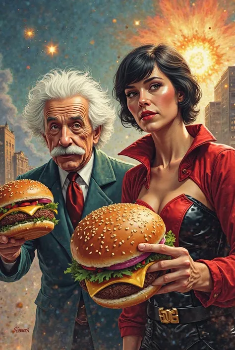 Albert Einstein white hair, Robert oppenheimer father of the atomic bomb with short black hair, two different scientists, action scene, holding powerful atomic hamburgers, dressed in superheroes customs, surrounded by superheroes hot girls, saving the worl...