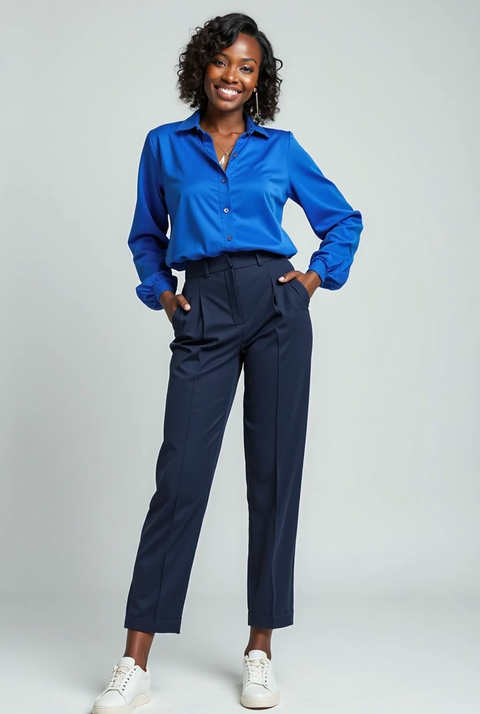 African Lady in blue corporate FULL SLEEVED shirt and trousers with white sneakers