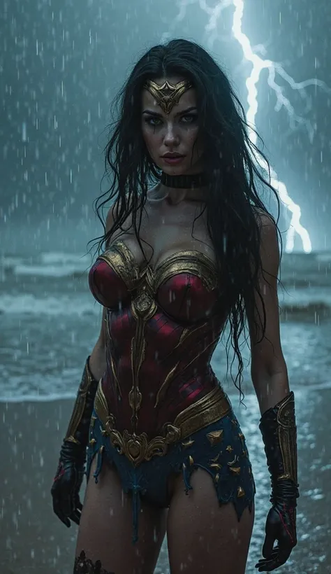 Sexy black widow with bulky breasts wearing the Harlequin and Wonder Woman costume realistic photo heavy rain falling on the beach haunted with lightning and thunder 