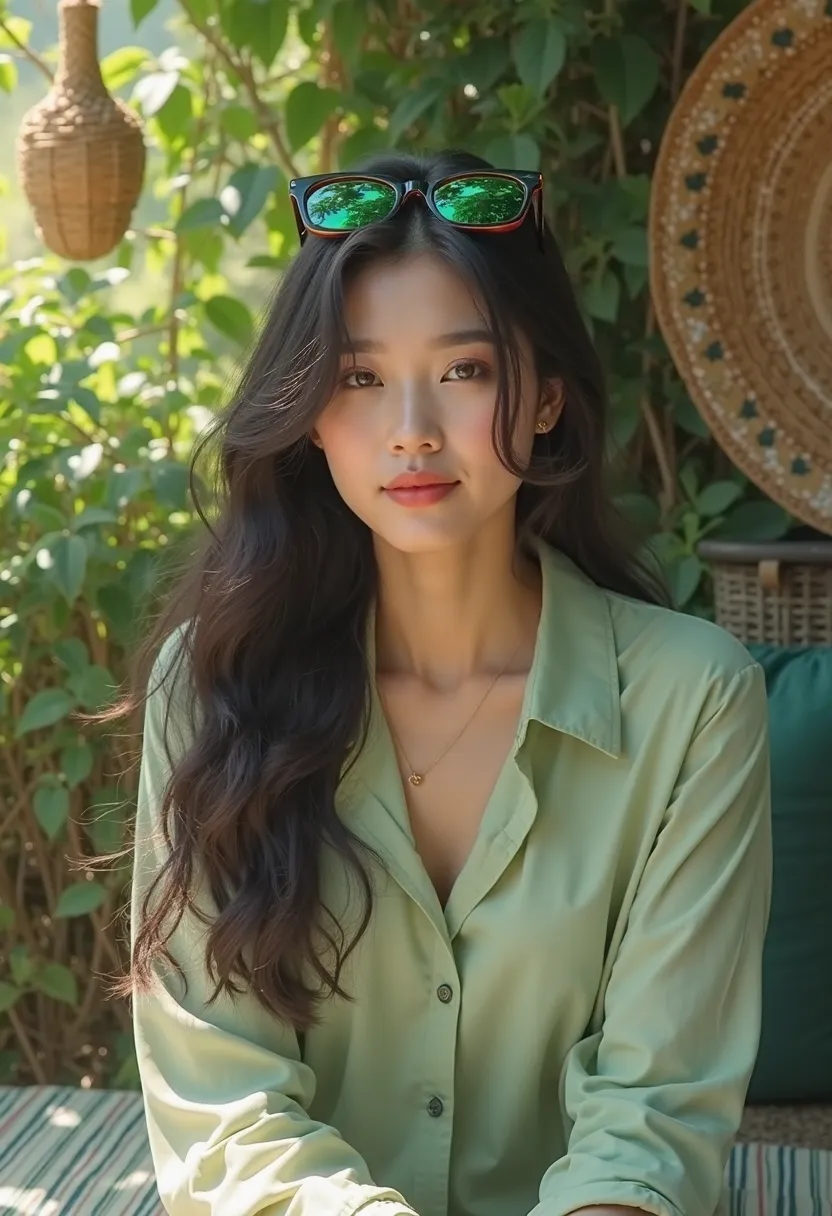 The image shows a young woman with black hair, straight and long sitting in an outdoor environment, with a natural decoration in the background. She is wearing a light green shirt and green sunglasses, while posing in a relaxed manner. The composition incl...