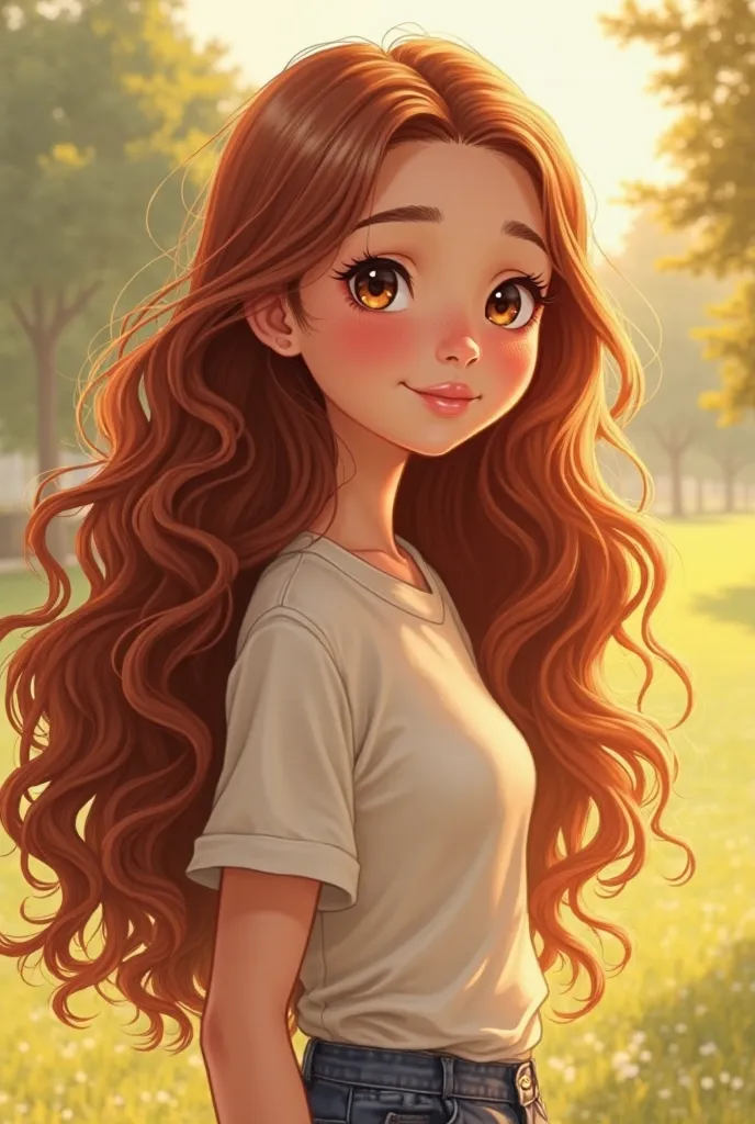 A fair-skinned girl, her long chestnut hair flows with soft curls, her eyes are shiny brown, her face and body are full, her nose is small, she wears simple modern clothes, in a sunny natural background."