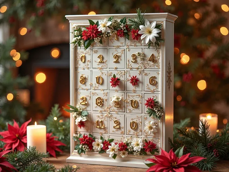 A beautifully designed advent calendar set against a festive holiday backdrop, featuring 24 numbered doors, each revealing a stunning holiday floral arrangement. The calendar is elegantly decorated with poinsettias, white lilies, holly berries, and twinkli...