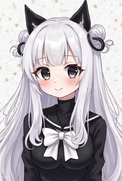 I want an image of a girl who has white hair with black ears, who has white hair with a few curlers, that is long, that has black eyes, that has beautiful eyes, that has long eyelashes, that has a small but happy mouth, that has a black body with black sle...