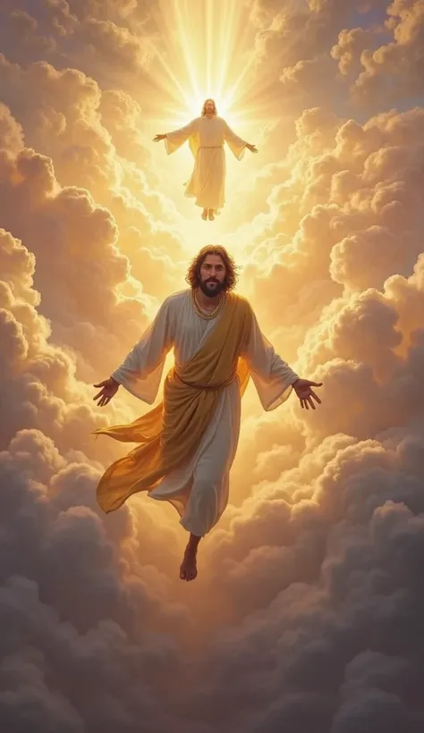 "Jesus is gracefully descending from radiant clouds, his face glowing with divine wisdom and peace after speaking with God. He wears a flowing white robe with a golden sash, and his arms are slightly open as if embracing the world. Behind Him, God’s presen...