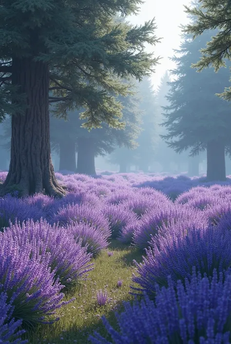 Create a shabby lavender flower field with a forest the weather could be hazy but the vibrant colors of the flowers 