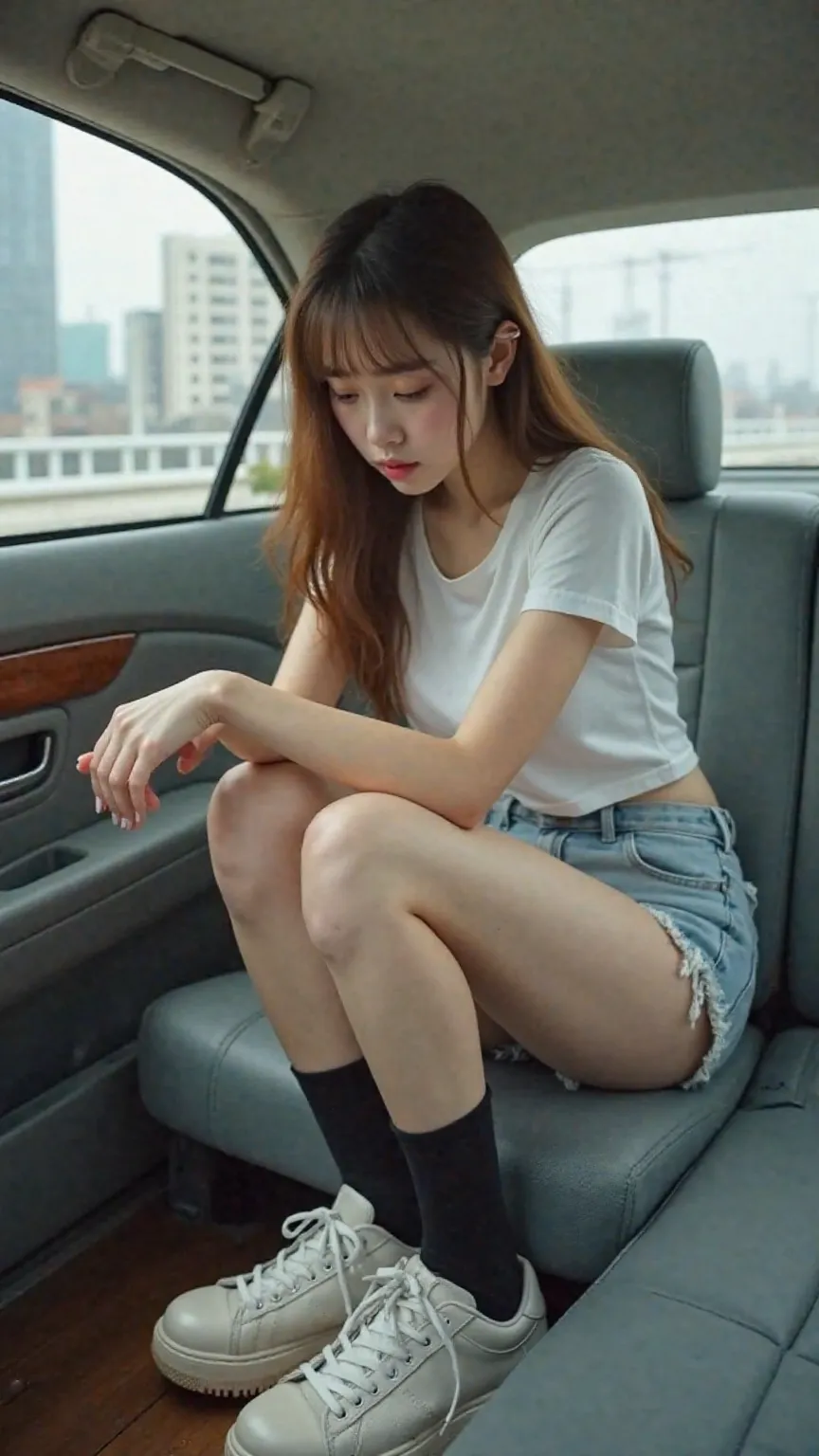 full body,sit in the back seat of a car,( look down),A 21-year-old Japanese woman who sticks out her butt and excretes large amounts of feces,Brown liquid scattered in the back seat ,( shorts and back seat stained with poop ),japanese,Korean style beauty,Y...