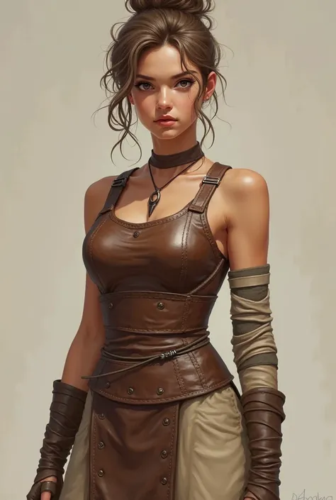 Woman in her early 20s, triangle shaped face, warm ivory skin, 5’6, light brown hair in a messy bun, brown eyes, hands and forearms wrapped in patches strips of cloth, leather armour tank top and skirt with beige pants, 