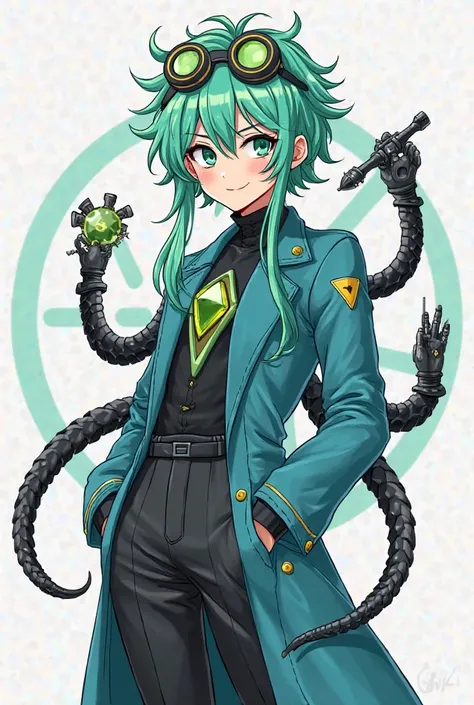 Draw a Girl Hair: turquise green, messy and voluminous,long. Glasses: He wears round, technological glasses on top of his head. Outfit: turquise blue jacket, green gem at chest, black trousers and a long coat with gold details. Arms/Tentacles: He has mecha...