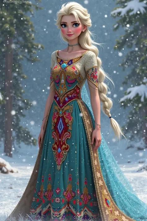 Queen Elsa wearing a Native American dress