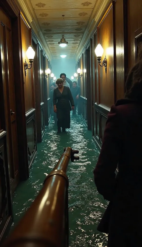 "Create a first-person perspective image showing a flooded Titanic corridor. Lens In the foreground, highlight the observer's hands as they lean on the handrail or touch the wet walls, suggesting movement in the midst of chaos. In the background, several p...