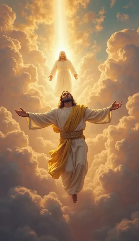 "Jesus is descending gracefully from radiant clouds, his expression serene and filled with divine wisdom after a sacred conversation with God. He wears a flowing white robe with a golden sash, his arms gently open as if blessing the world. Behind Him, God ...