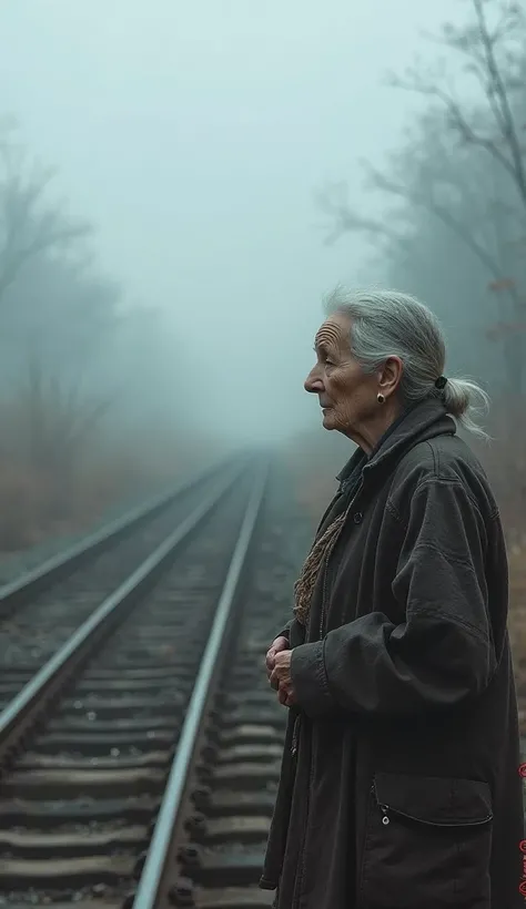 An old woman looking at the tracks of a deserted misty railroad