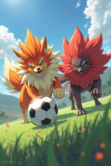 Arcanine and Entei playing soccer