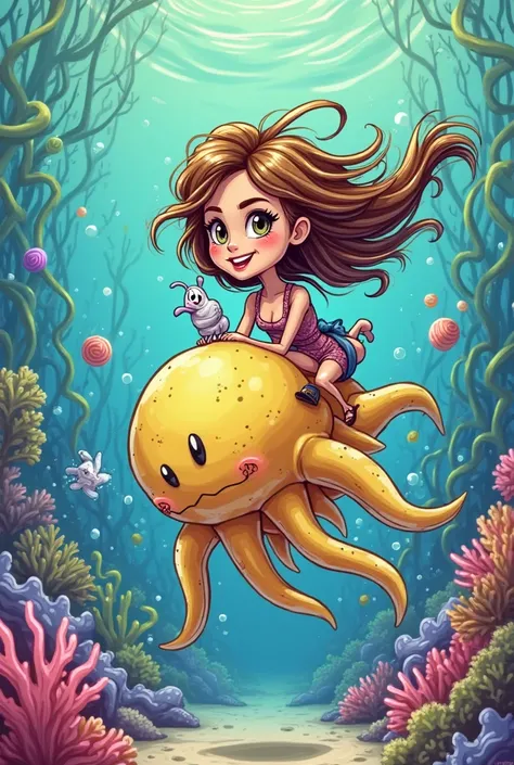 a hand drawn cartoon image of a woman with brown hair and blonde highlights riding the jelly fish from Spongebob in the SpongeBob universe, with Gary the snail on her shoulder