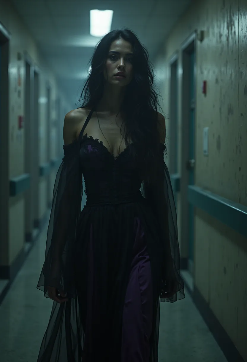 Take a scene from a hospital at night, where in the corridor there is a woman with long black hair wavy wearing black and purple clothes